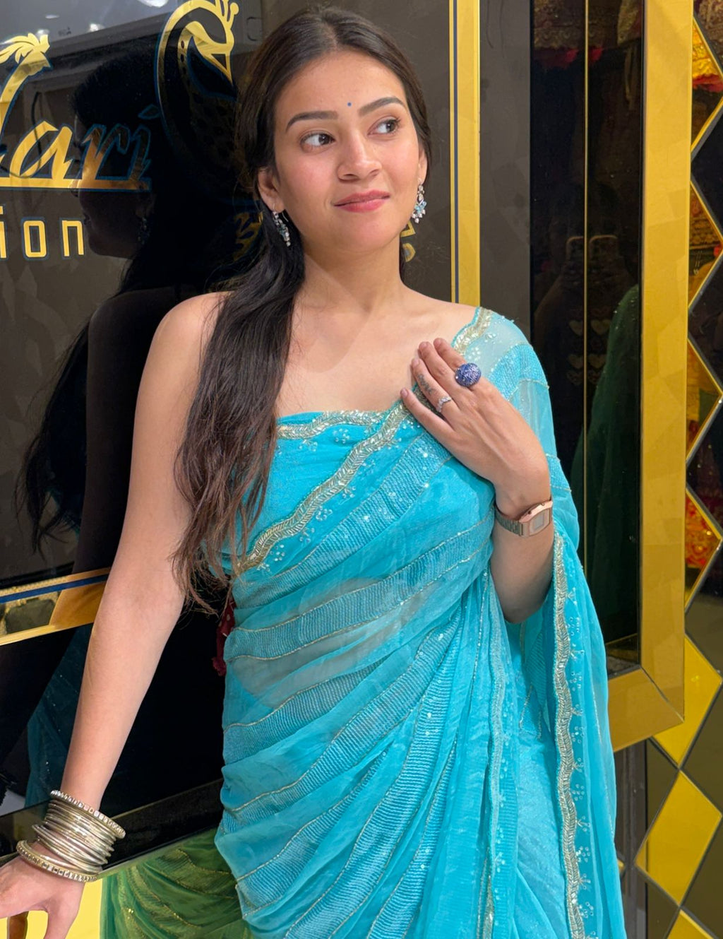 Elegant Blue Handwork Partywear Saree (235)