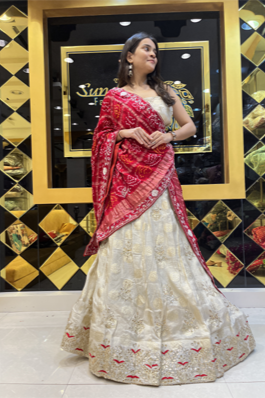 Pure Gaji silk with original Rai Bandhej & Zari Patta Lehenga