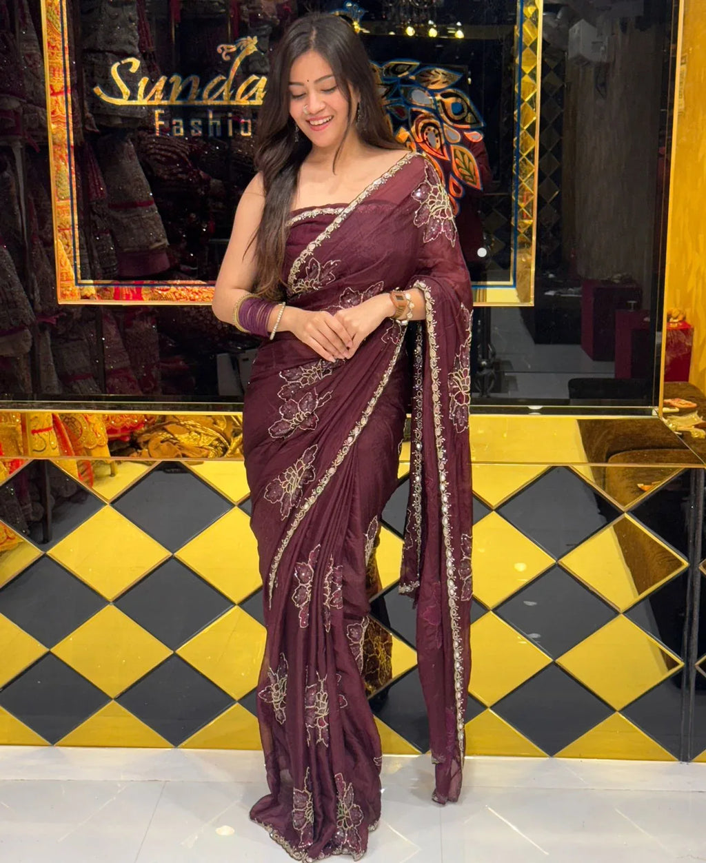 Wine Floral Mirrrorwork Handcrafted Crepe Saree (242)