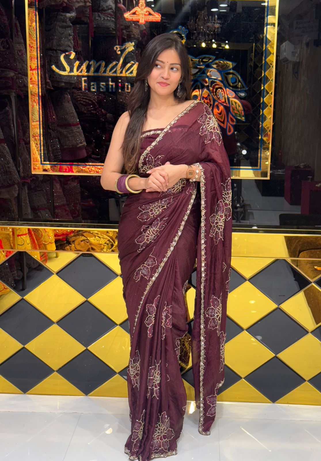 Wine Floral Mirrrorwork Handcrafted Crepe Saree (242)