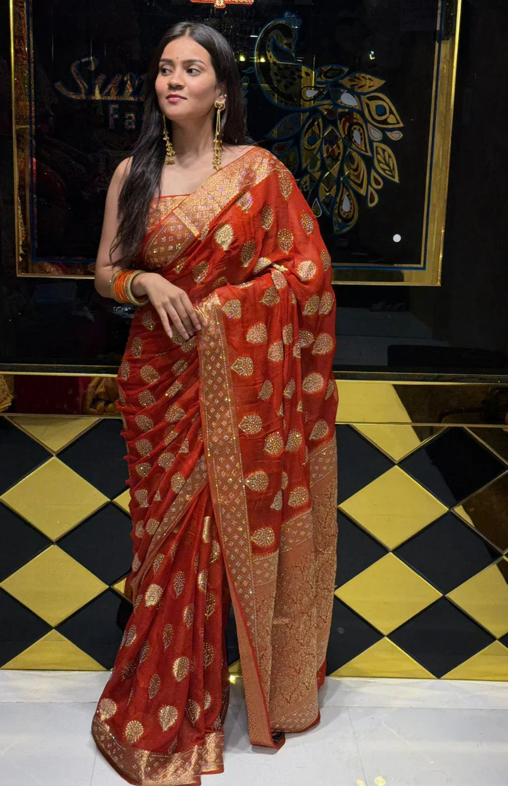 Orange Premium Khaddi Chiffon Handwork saree (229)