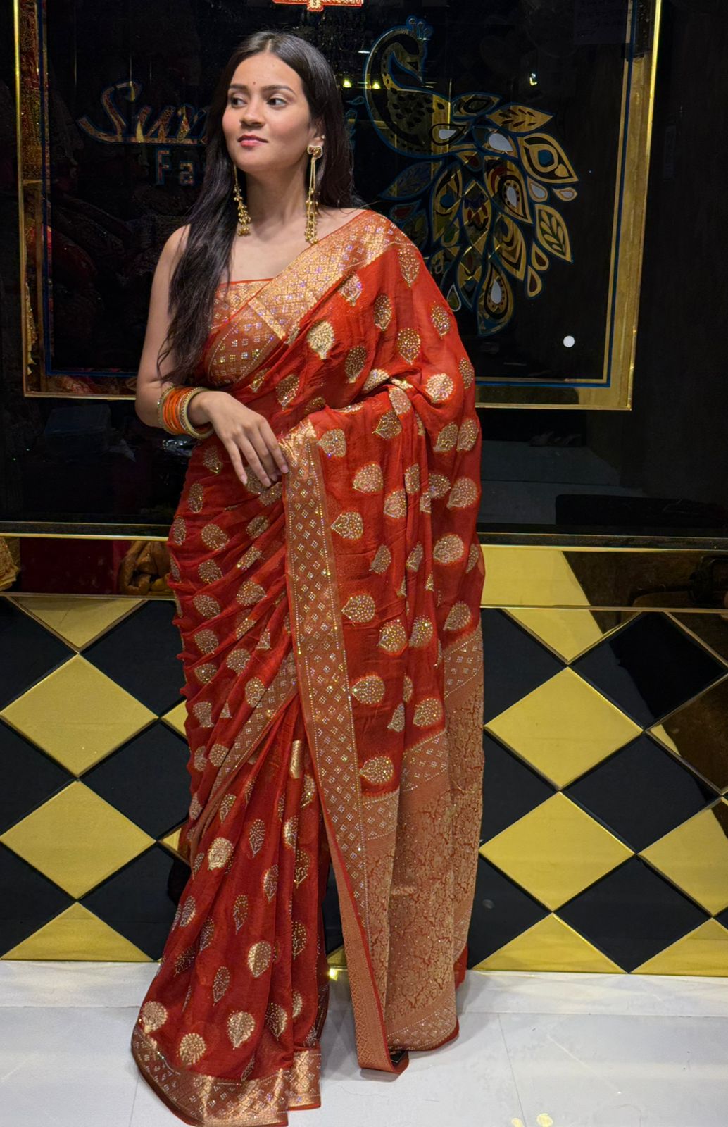 Orange Premium Khaddi Chiffon Handwork saree (229)