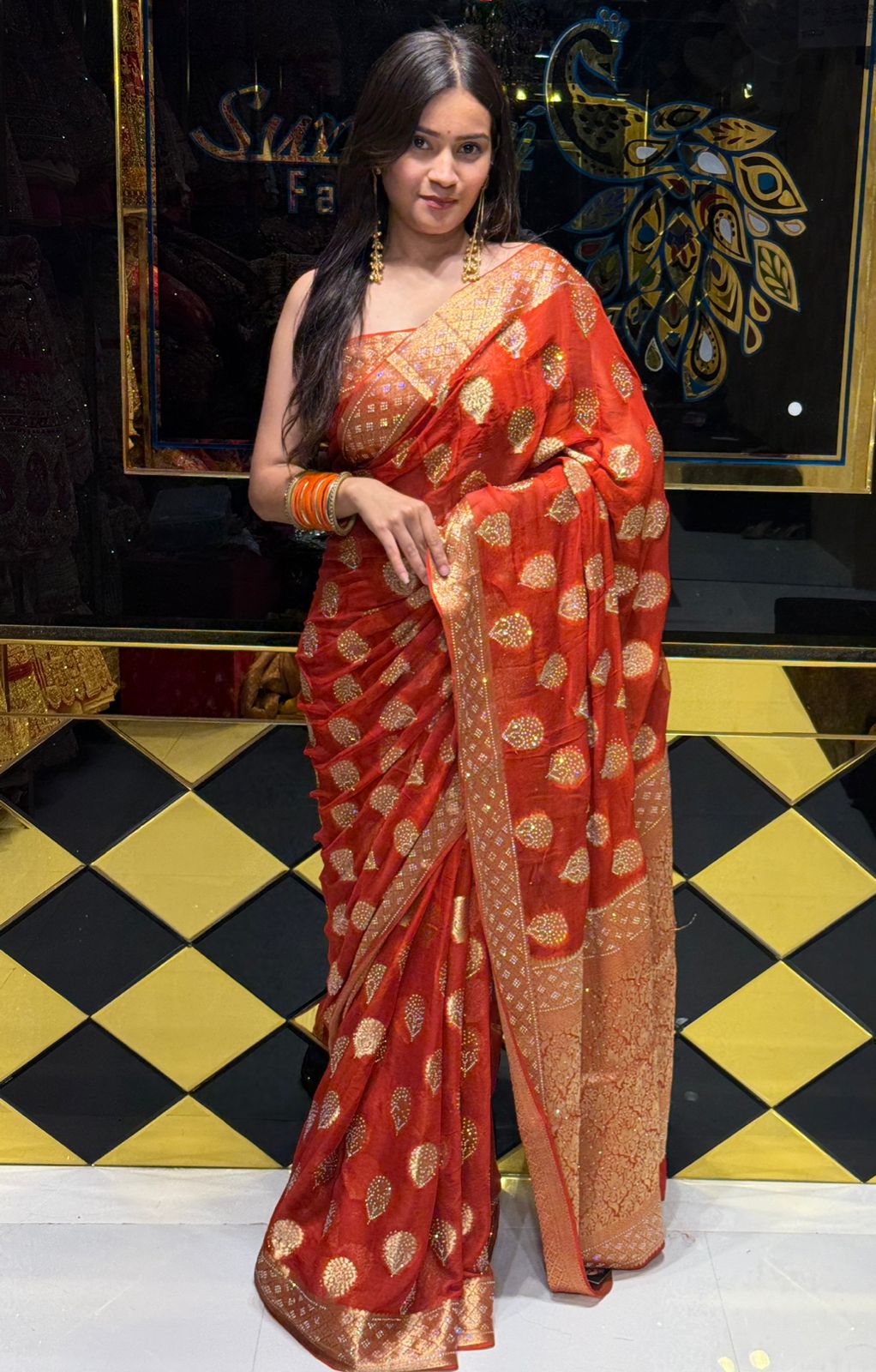 Orange Premium Khaddi Chiffon Handwork saree (229)