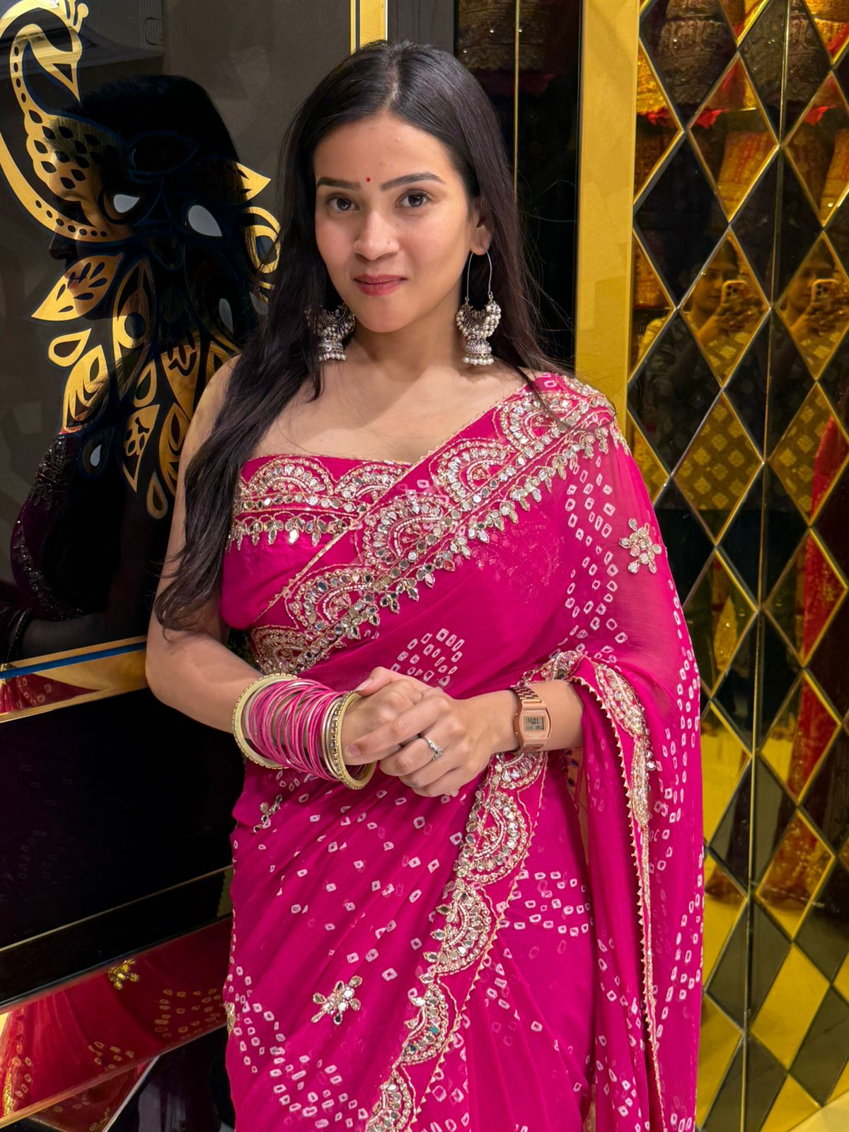 Pink Pure Chiffon Bandhani Mirror Handwork Saree (228)