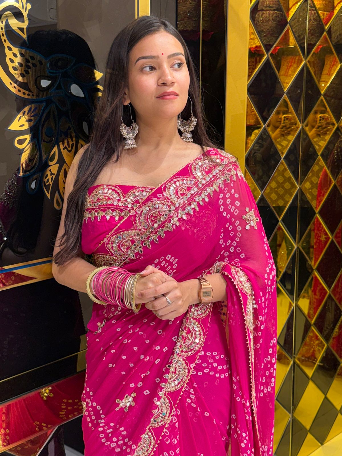 Pink Pure Chiffon Bandhani Mirror Handwork Saree (228)