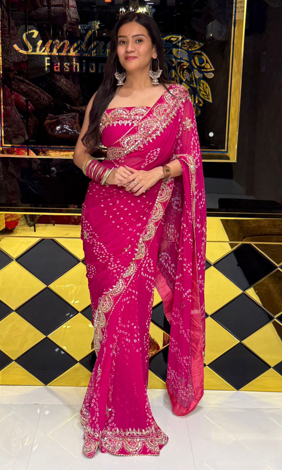 Pink Pure Chiffon Bandhani Mirror Handwork Saree (228)