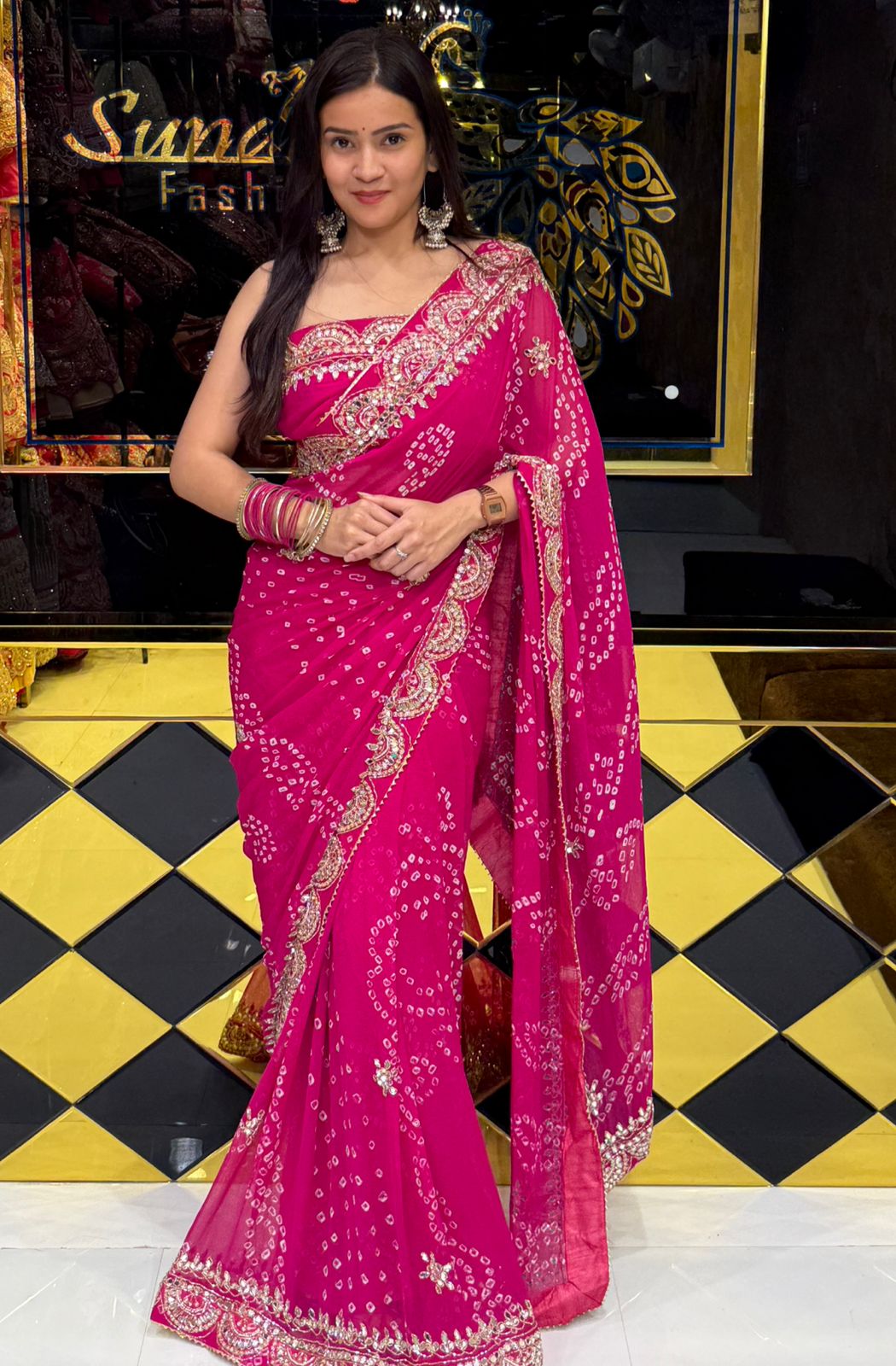 Pink Pure Chiffon Bandhani Mirror Handwork Saree (228)