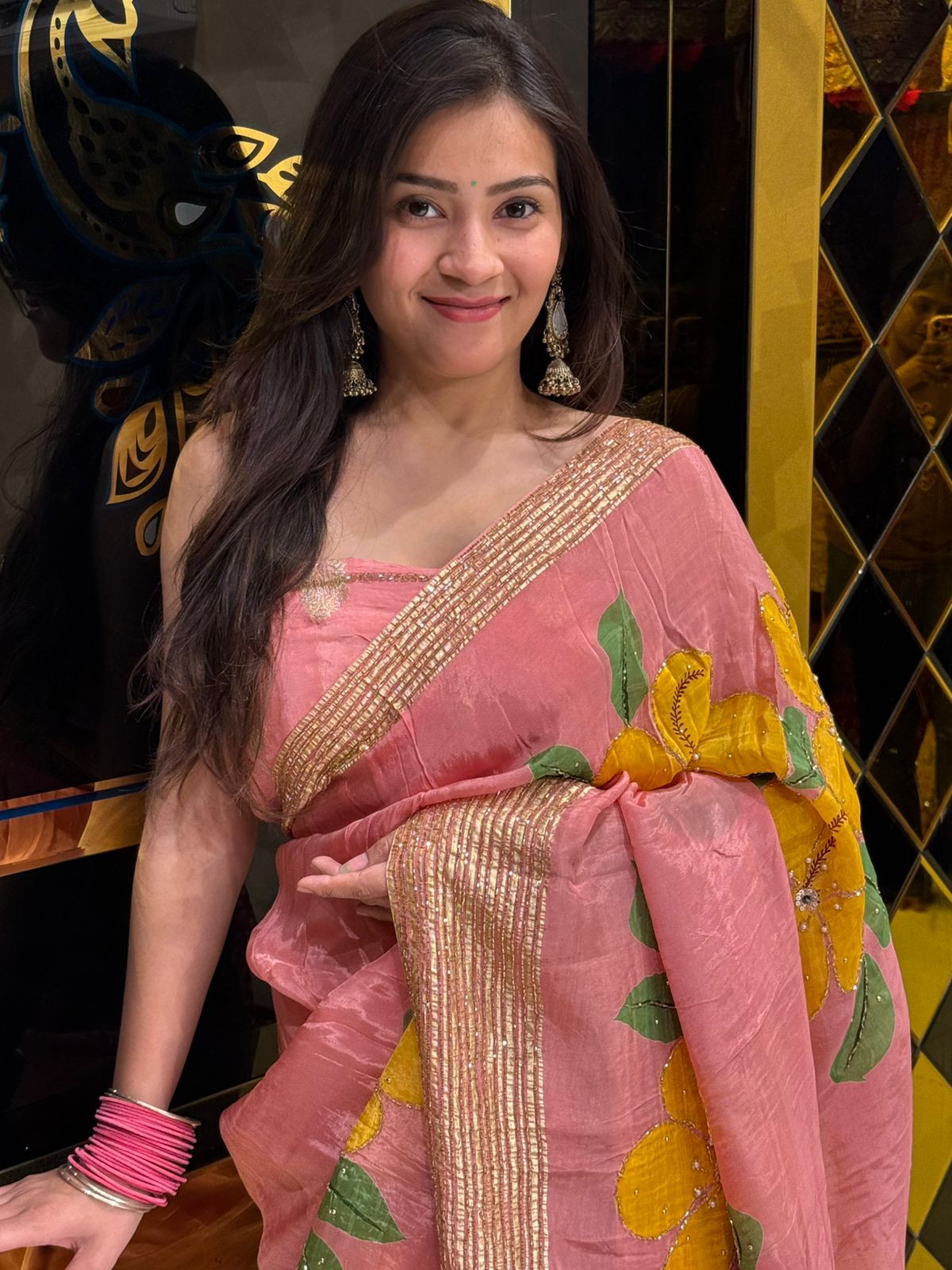 Premium Pink Floral Handwork Designer Saree (238)