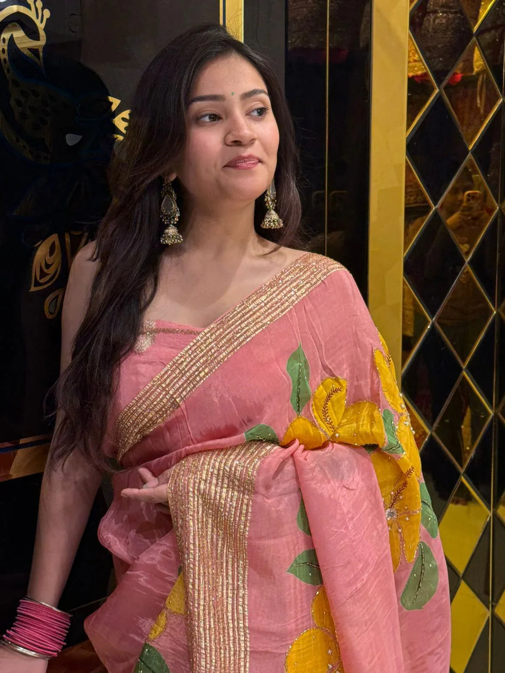 Premium Pink Floral Handwork Designer Saree (238)