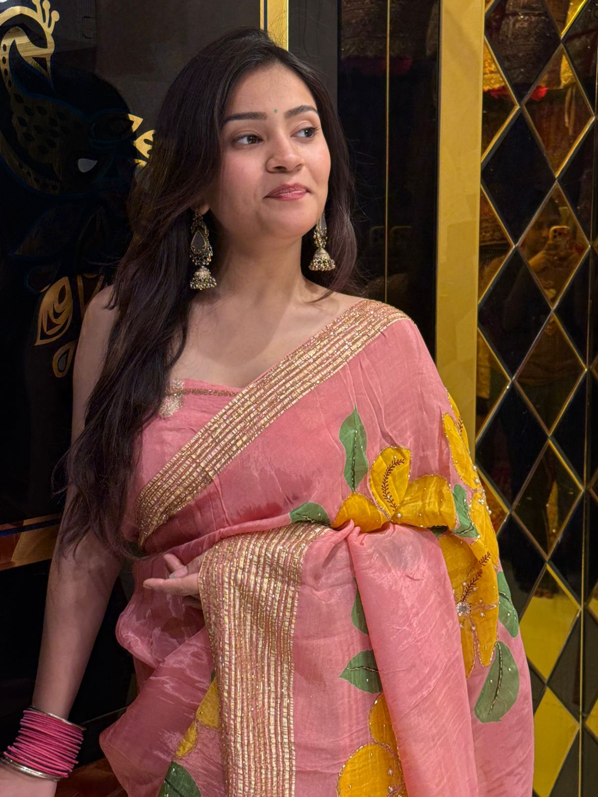 Premium Pink Floral Handwork Designer Saree (238)