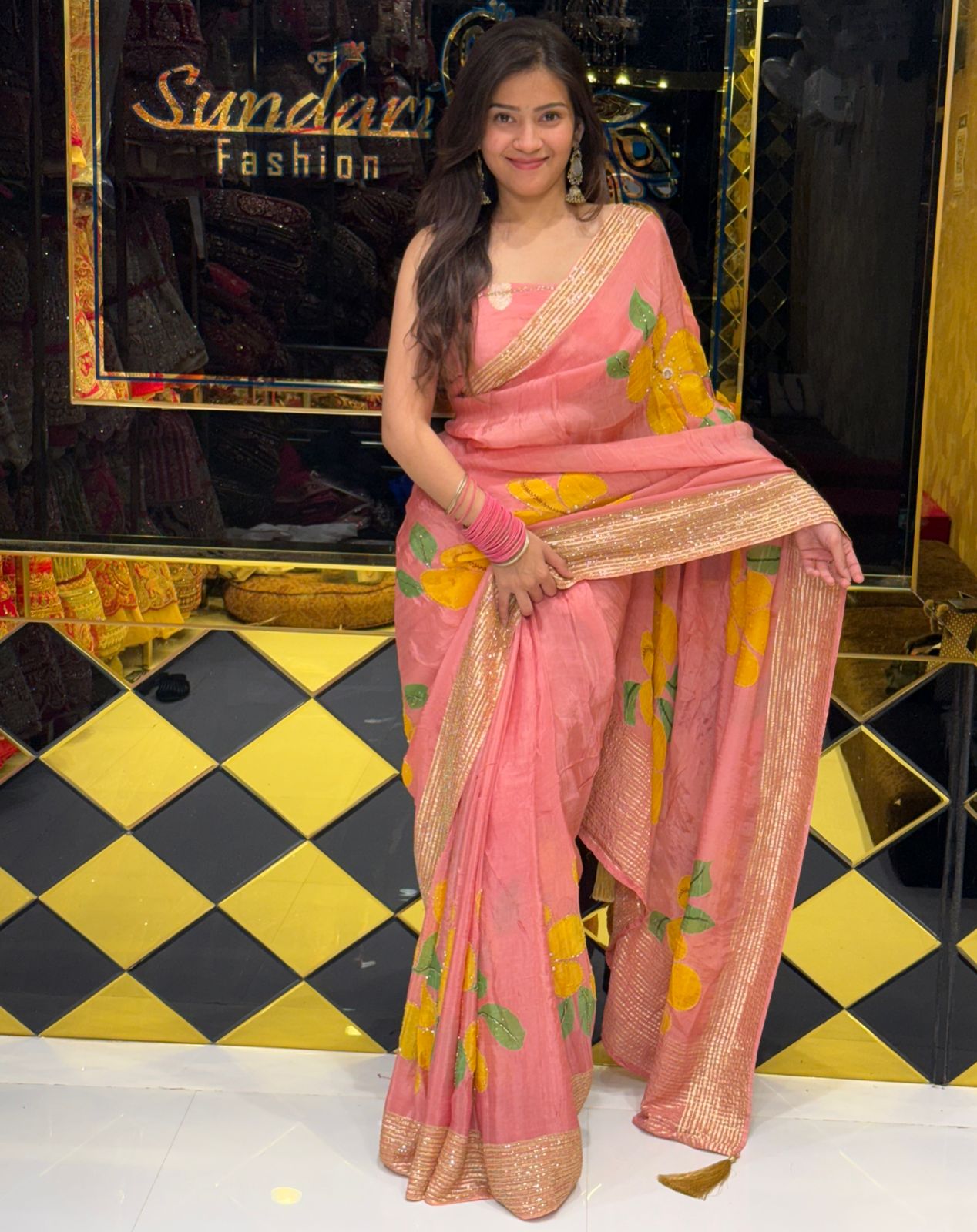 Premium Pink Floral Handwork Designer Saree (238)