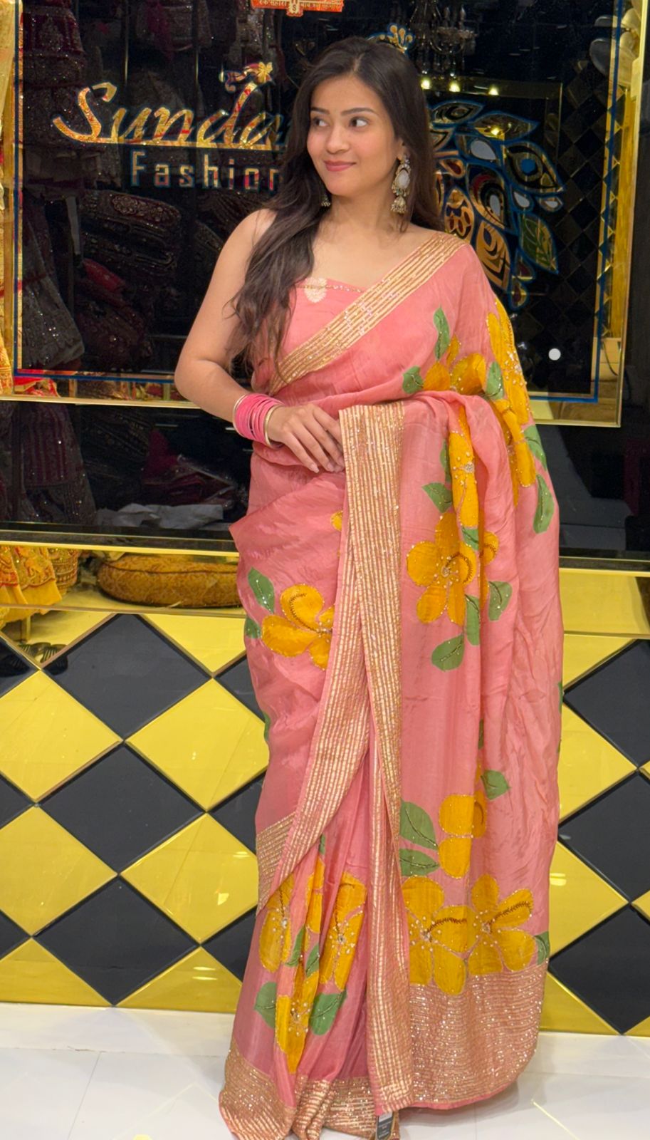 Premium Pink Floral Handwork Designer Saree (238)