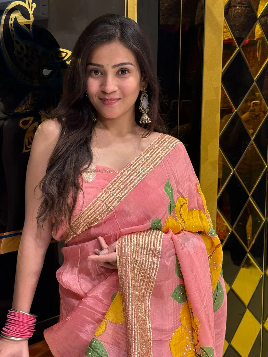 Premium Pink Floral Handwork Designer Saree (238)