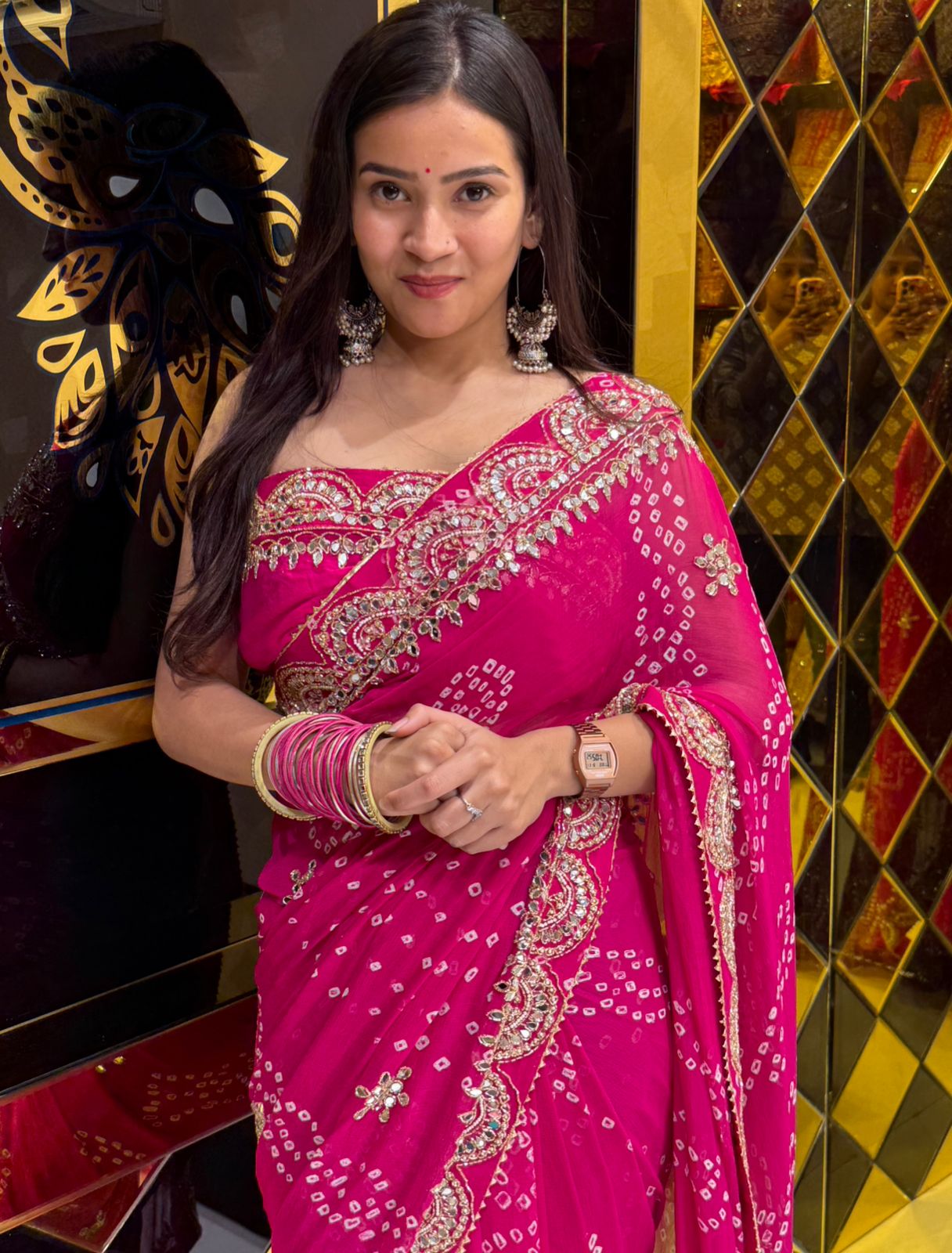 Pink Pure Chiffon Bandhani Mirror Handwork Saree (228)