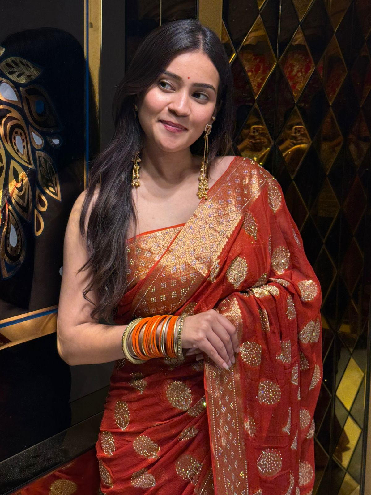 Orange Premium Khaddi Chiffon Handwork saree (229)