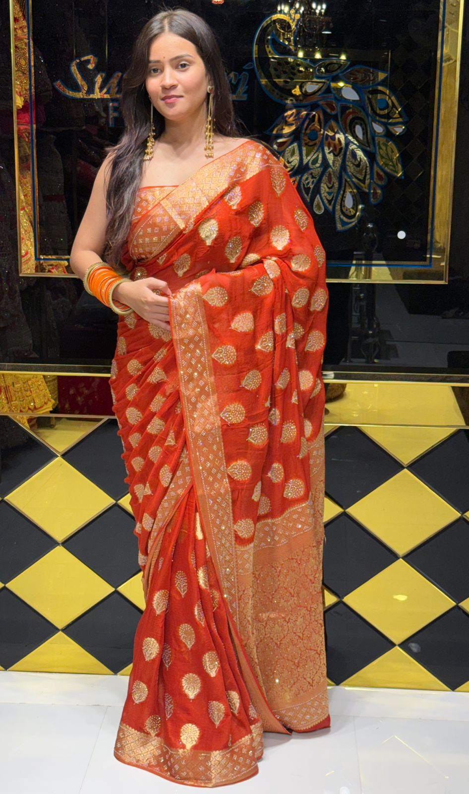 Orange Premium Khaddi Chiffon Handwork saree (229)