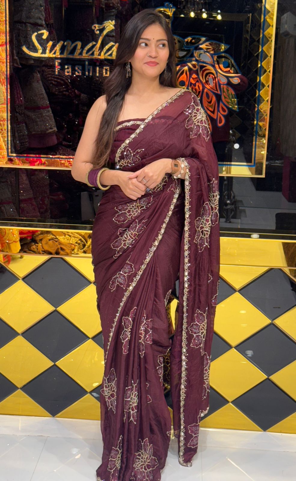 Wine Floral Mirrrorwork Handcrafted Crepe Saree (242)