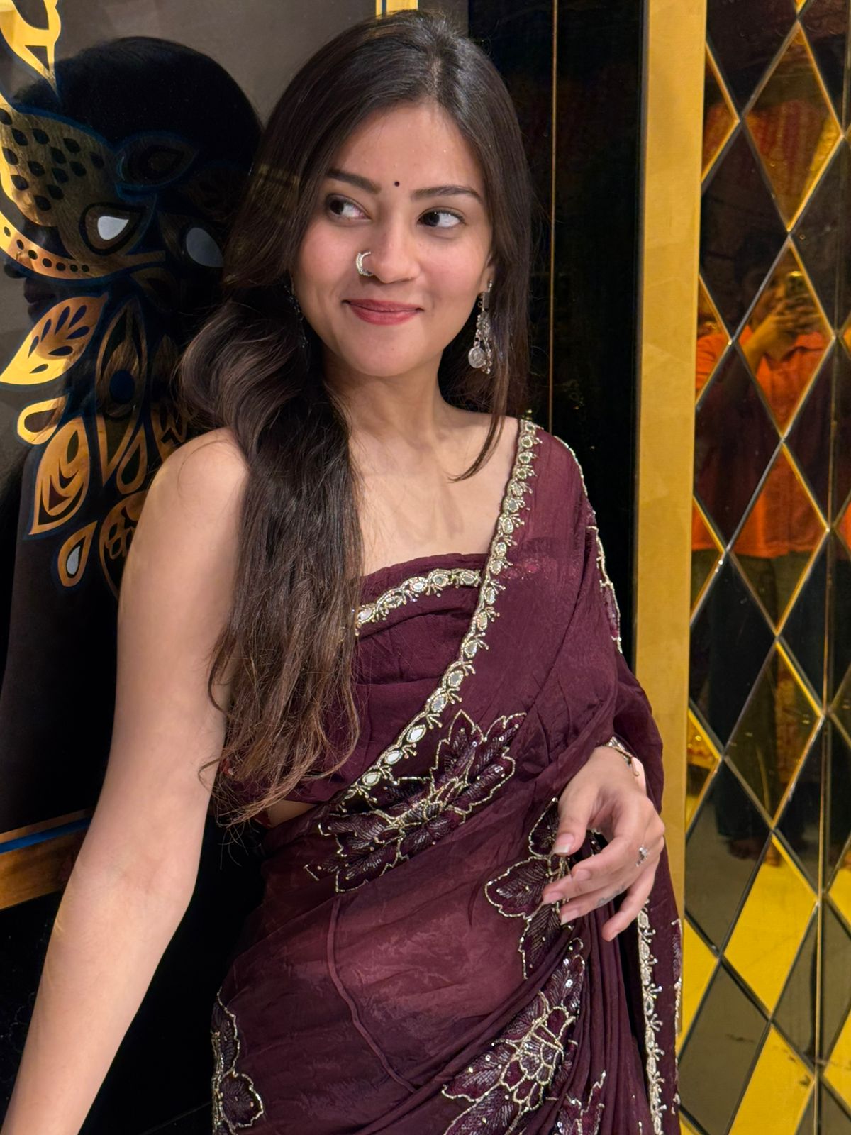 Wine Floral Mirrrorwork Handcrafted Crepe Saree (242)