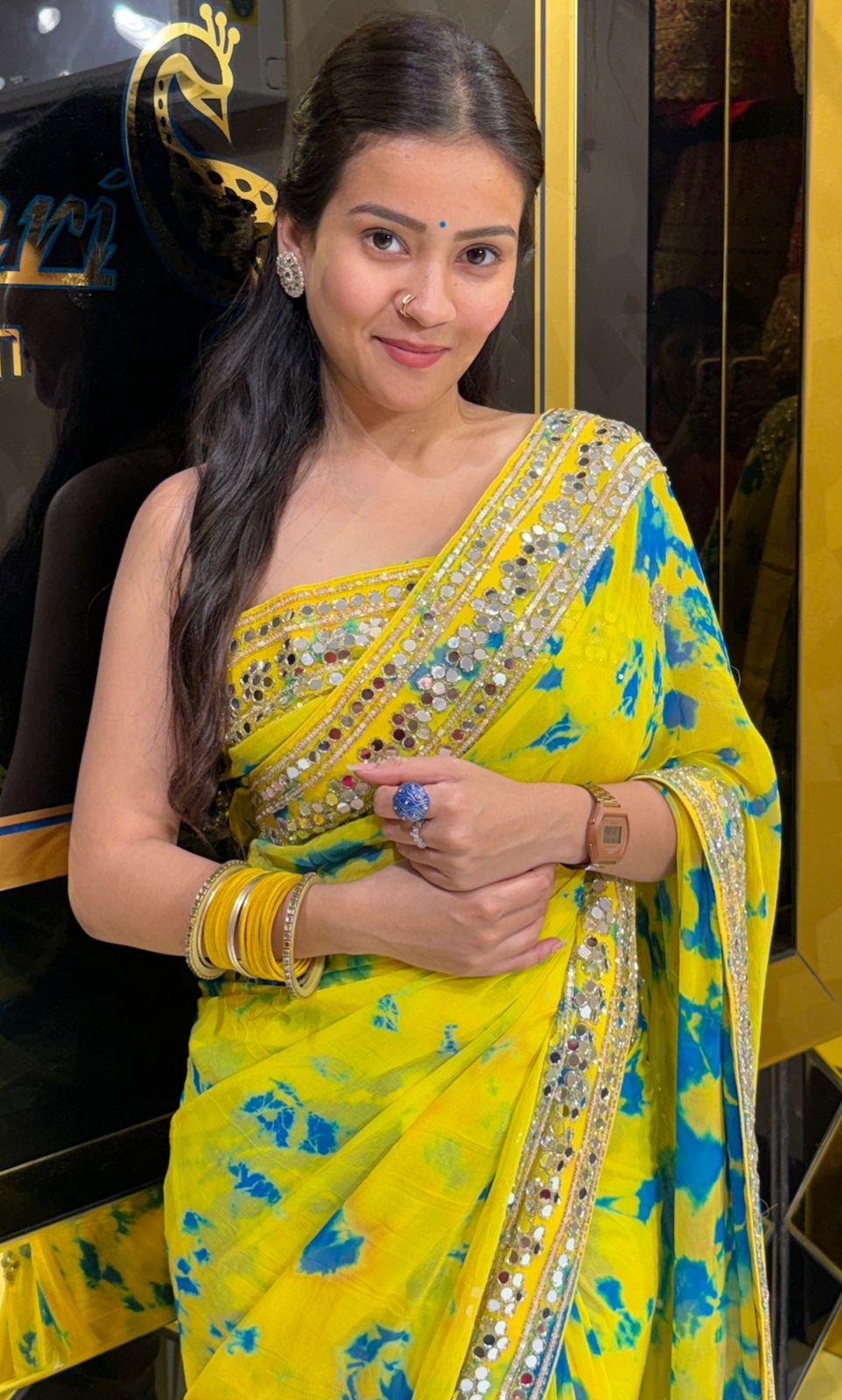 Yellow Shibori  Mirrorwork Style Saree (232)