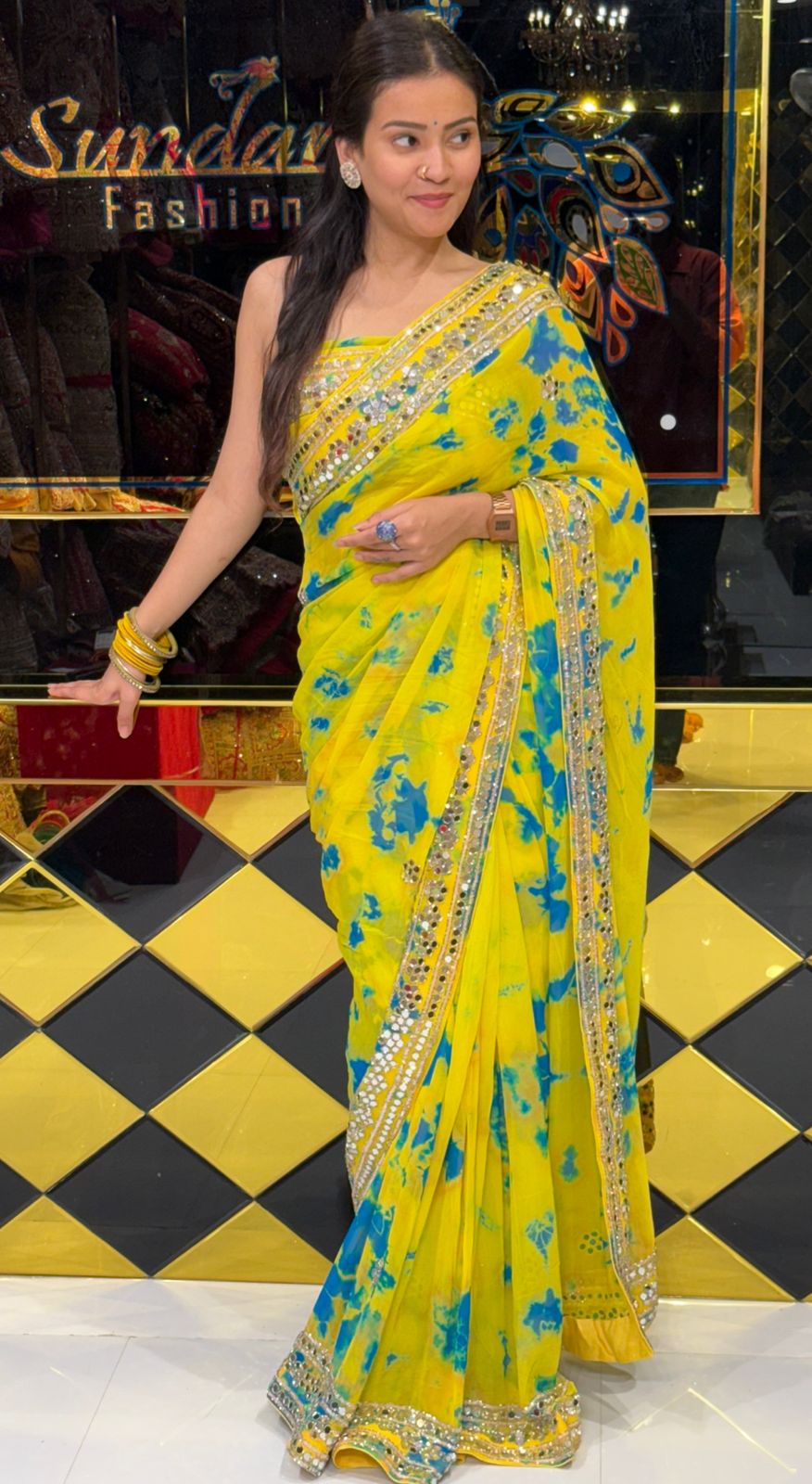 Yellow Shibori  Mirrorwork Style Saree (232)