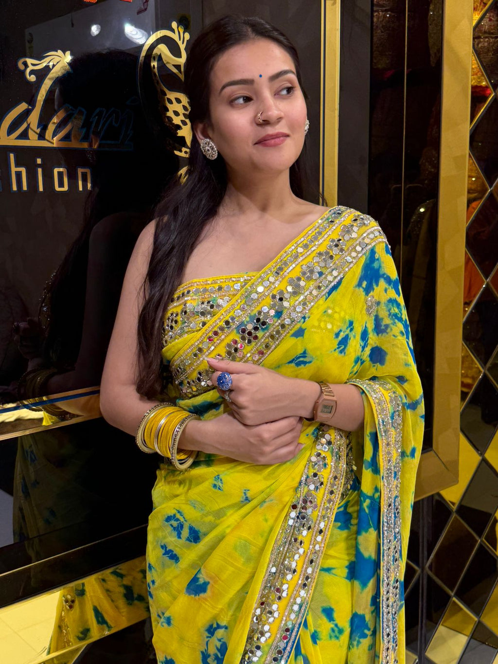 Yellow Shibori  Mirrorwork Style Saree (232)