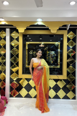 Shades of Yellow, Orange & Red in Ombre effect Pure Chiffon Saree